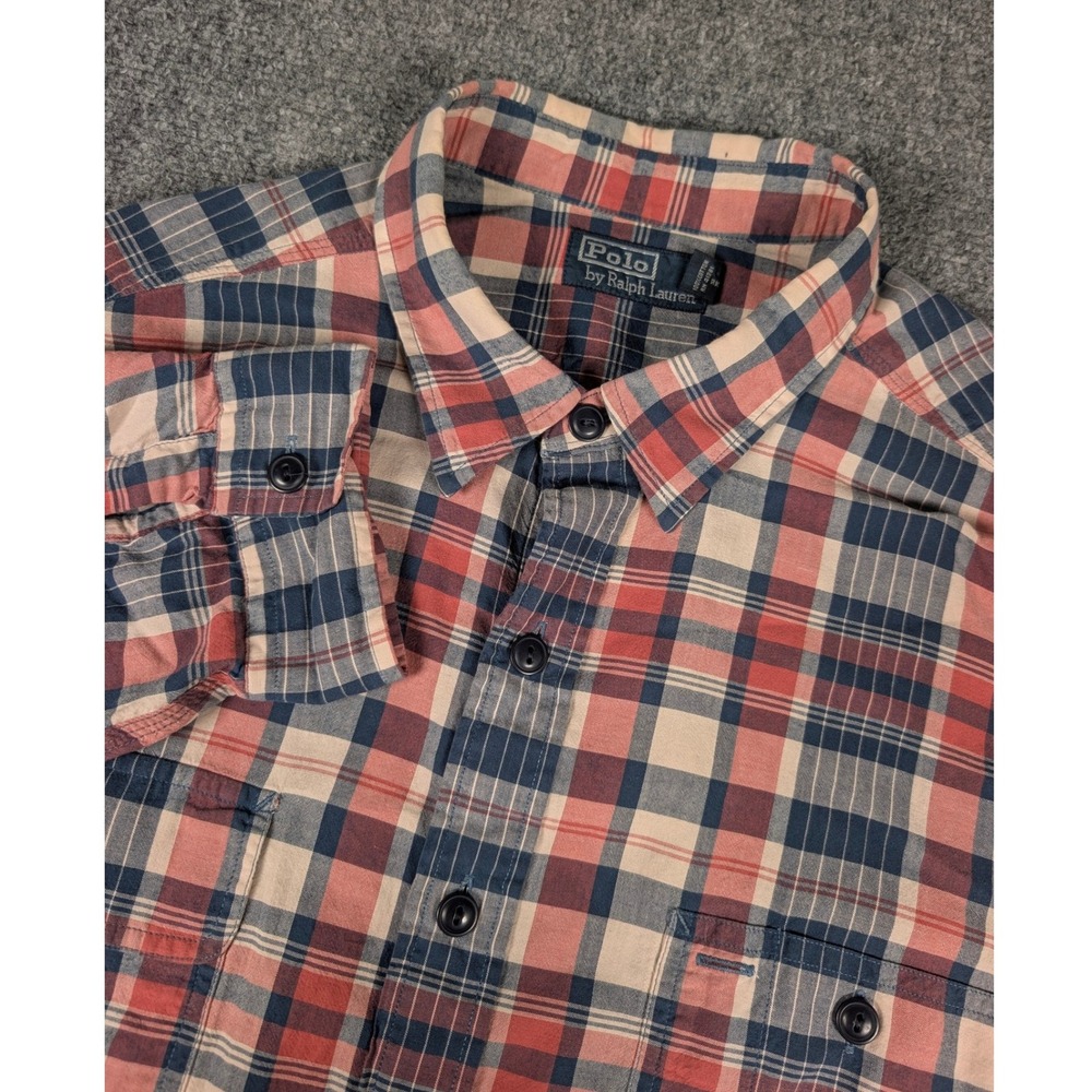 Polo Ralph Lauren Button Down Shirt Mens‎ 2XB Blue Red Plaid Long Sleeve Pockets
